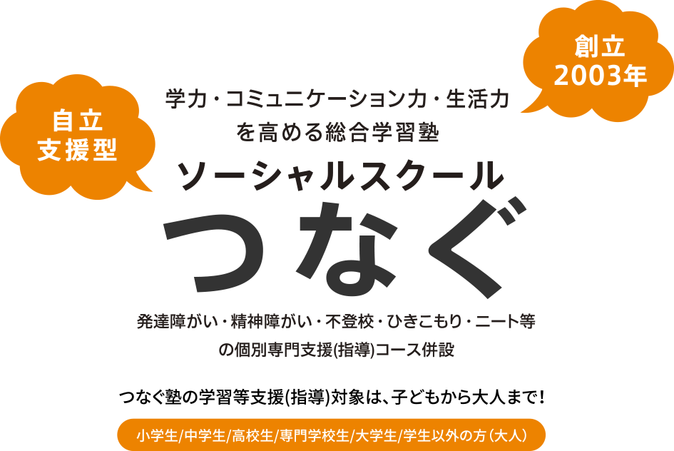 学力・コミュニケーション力・生活力を高める総合学習塾 ソーシャルスクール つなぐ 発達障がい・精神障がい・不登校・ひきこもり・ニート等の個別専門支援(指導)コース併設つなぐ塾の学習等支援(指導) 対象は、子どもから大人まで! 小学生/中学生/高校生/専門学校生/大学生/学生以外の方(大人)